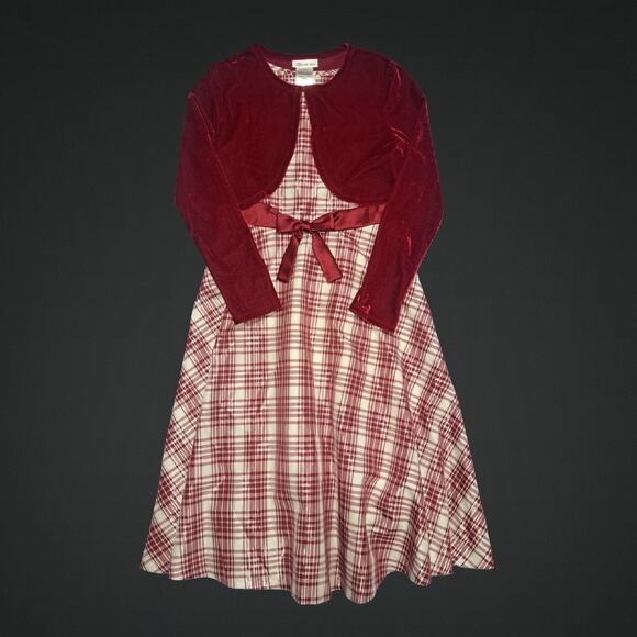Bonnie Jean Red Ivory & Metallic Bow Front Plaid Dress with Cardigan Size 12 - Picture 2 of 14